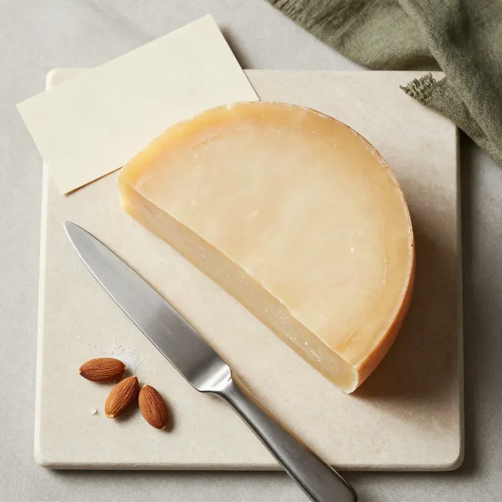 Forma di Pecorino Sardo tagliata con coltello, mandorle e sale su lastra chiara.