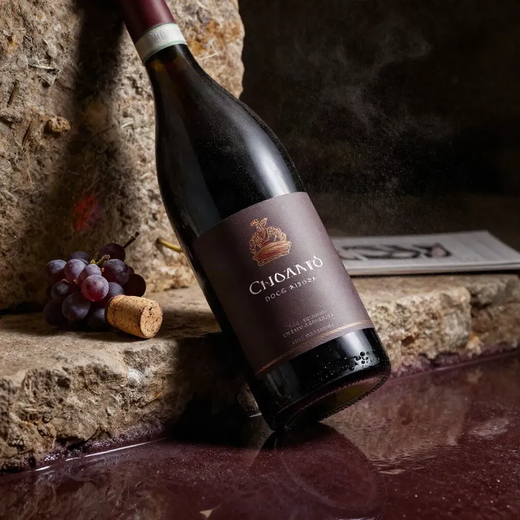 Bottiglia di Chianti riserva accanto a sughero caduto, grappolo d'uva e pietra di cantina.