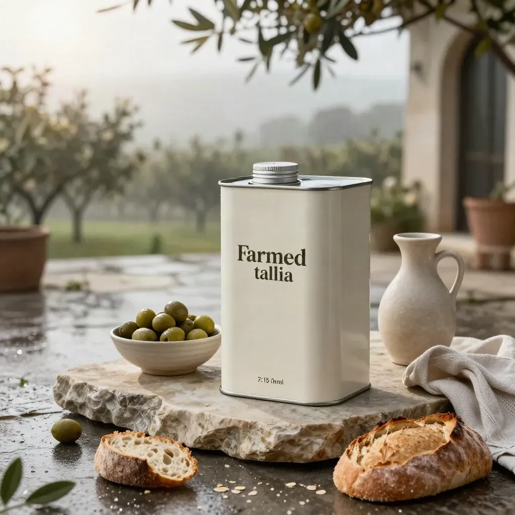 Tanica d’olio EVO con olive, pane, oliera e lino su pietra bagnata, luce del mattino