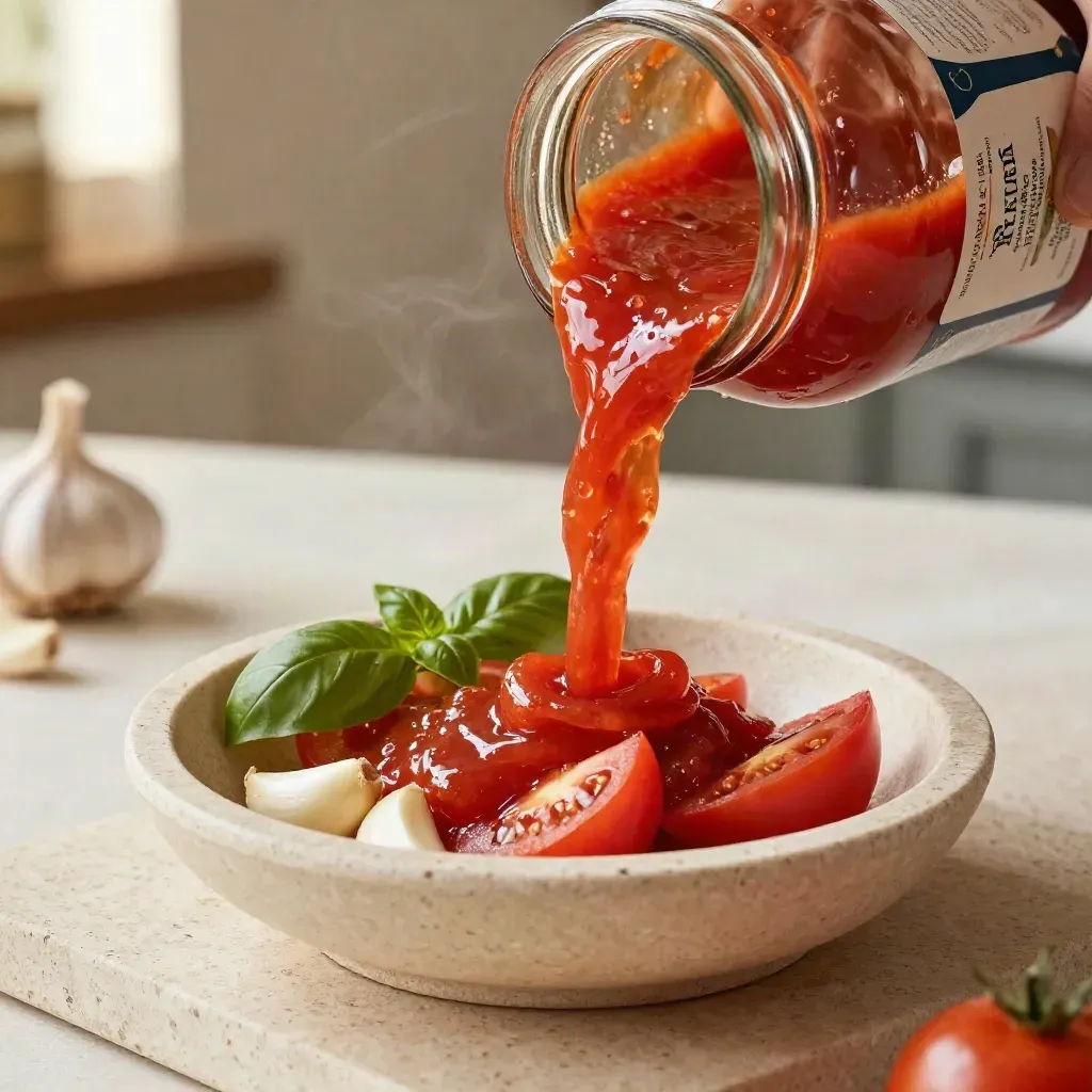 Barattolo aperto di passata rustica di pomodoro che cola in una ciotola con pomodori, aglio e basilico.
