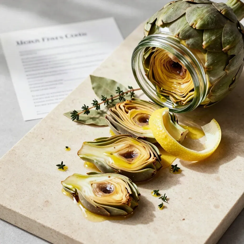Flat lay dall’alto con vasetto di carciofi sott’olio, limone ed erbe su pietra chiara.