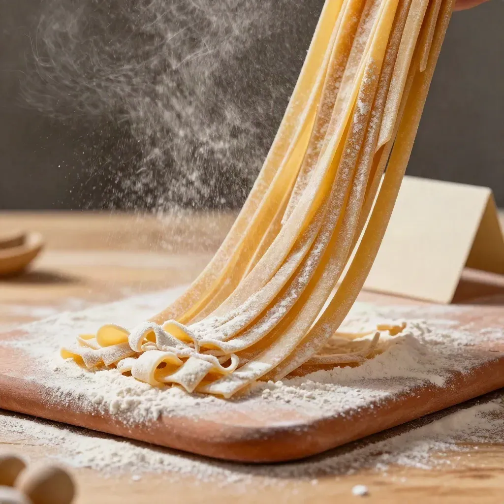 Primo piano di pasta di Gragnano con farina, su tavola di legno e accento terracotta.