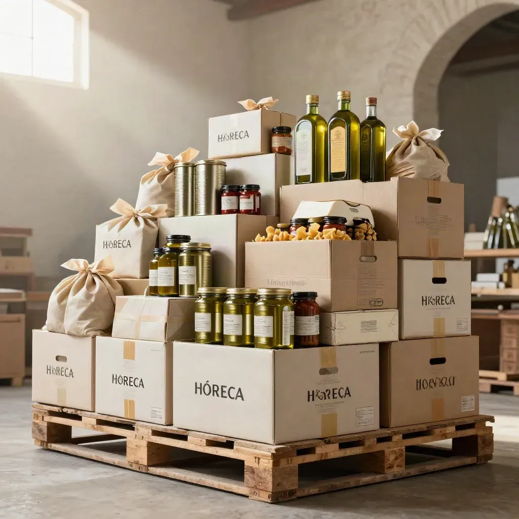 Casse Horeca con olio, pasta, sughi e formaggi su un banco di carico.