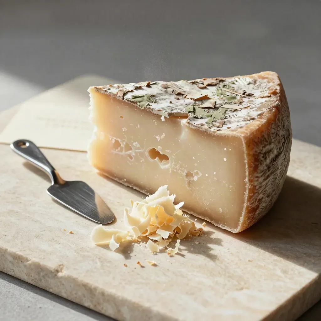 Spicchio di Parmigiano, scaglie e piccola plane su fondo pietra, vista ravvicinata