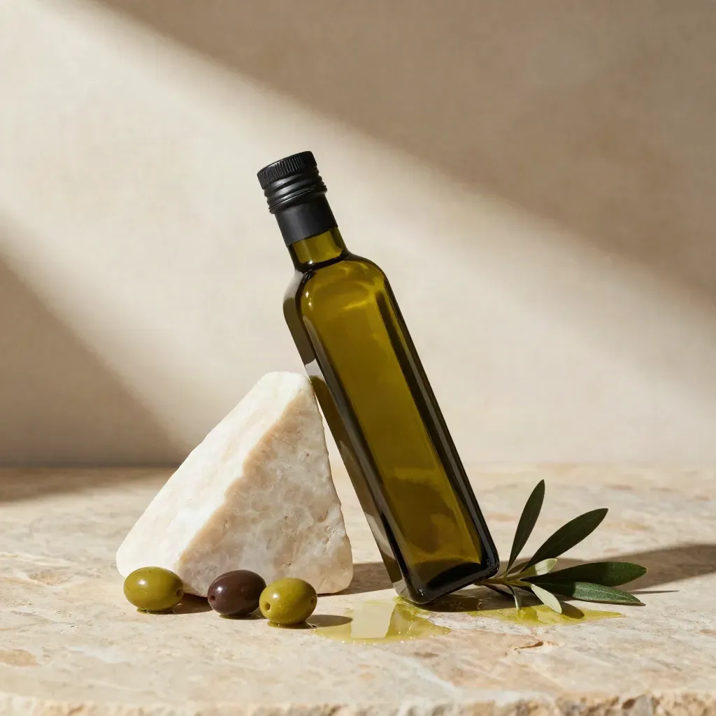 Bottiglia di olio EVO siciliano con olive e pietra chiara su travertino caldo.