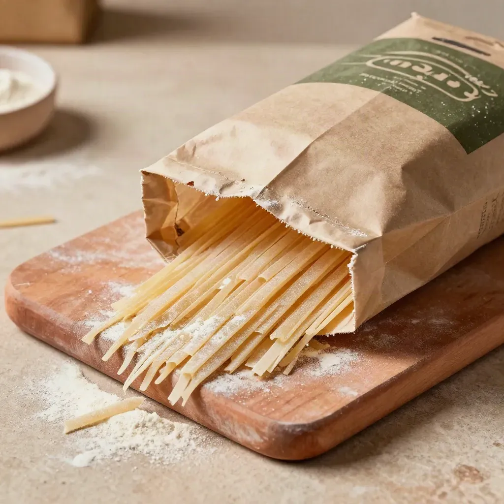 Sacchetto di pasta di semola su tavola terracotta con spaghetti sparsi e polvere di semola.