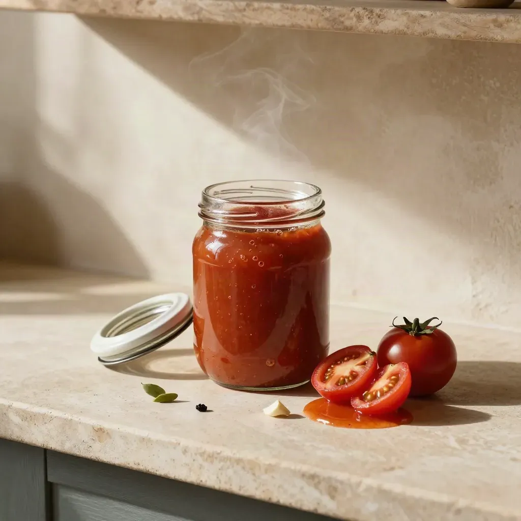 Barattolo di salsa di datterini con pomodori, aglio e vapore in una dispensa rustica