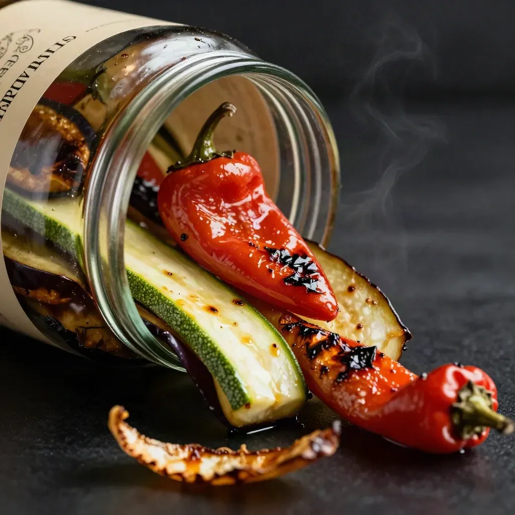 Barattolo di verdure grigliate con peperoni, zucchine e melanzane su fondo scuro