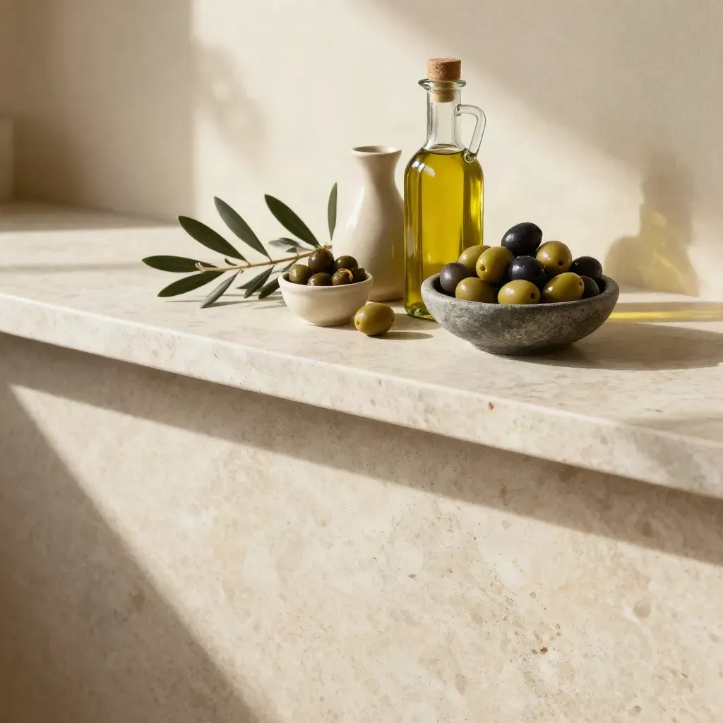 Bottiglia d’olio, ciotole di olive e rami d’ulivo su banco in travertino luminoso.